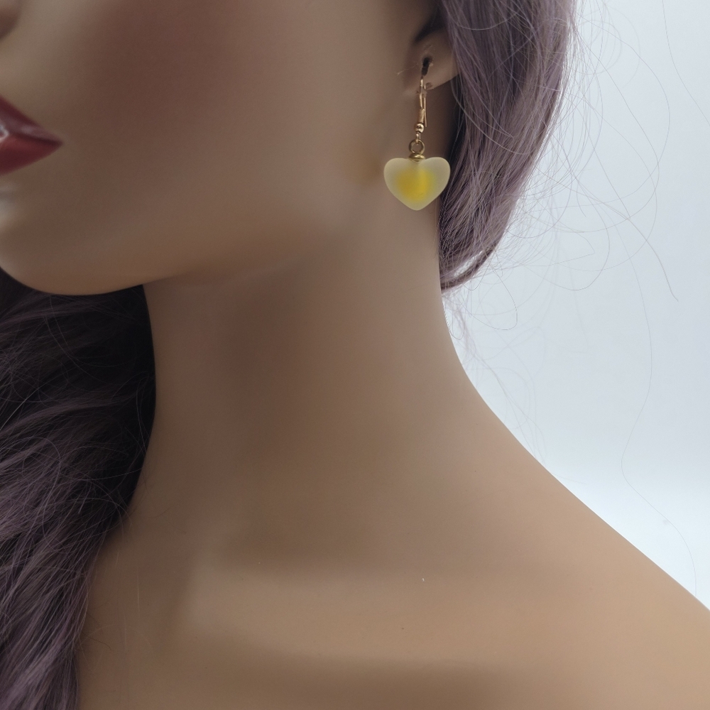 Handmade Frosted Yellow Heart Dangle Earrings - Picture 3 of 3